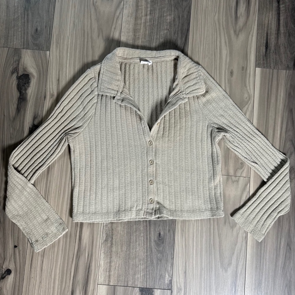 Cotton On Tan Beige Ribbed Knit Button Down Collared Cardigan Top Medium